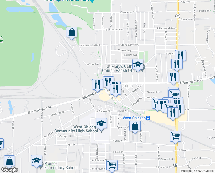 map of restaurants, bars, coffee shops, grocery stores, and more near 3 Fremont Street in West Chicago