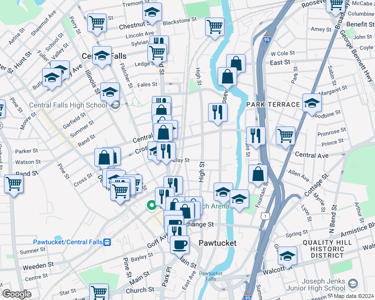 map of restaurants, bars, coffee shops, grocery stores, and more near 40 Jenks Street in Central Falls