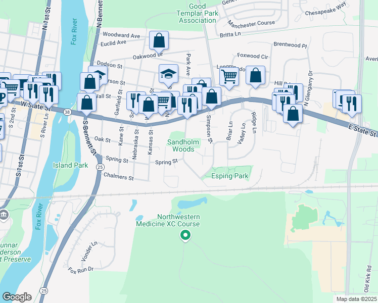map of restaurants, bars, coffee shops, grocery stores, and more near 101 Sandholm Street in Geneva