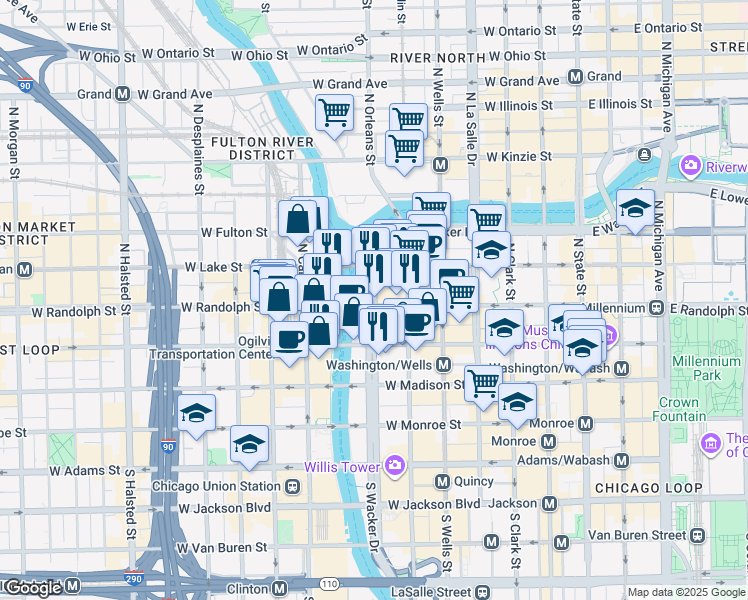 map of restaurants, bars, coffee shops, grocery stores, and more near 155 North Upper Wacker Drive in Chicago