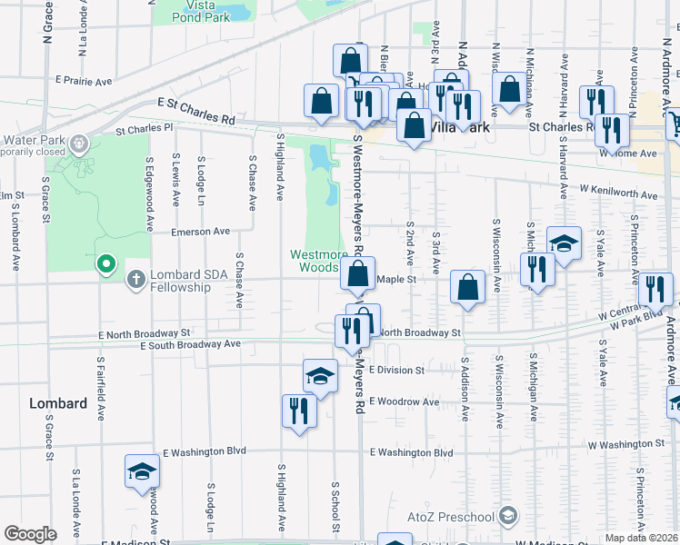 map of restaurants, bars, coffee shops, grocery stores, and more near 914 East Maple Street in Lombard
