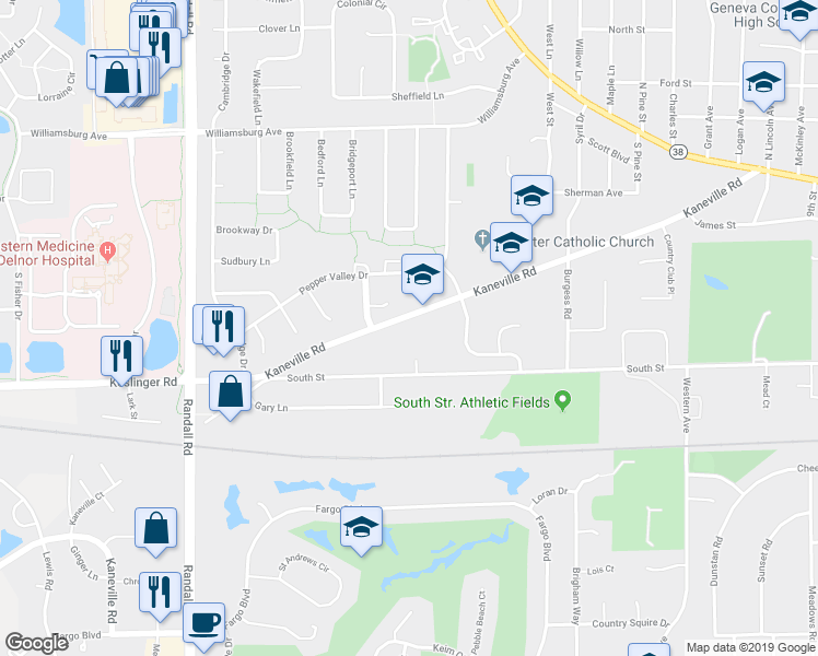 map of restaurants, bars, coffee shops, grocery stores, and more near 2010 Kaneville Road in Geneva