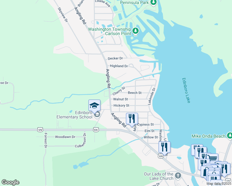 map of restaurants, bars, coffee shops, grocery stores, and more near 323 Cherry Street in Edinboro