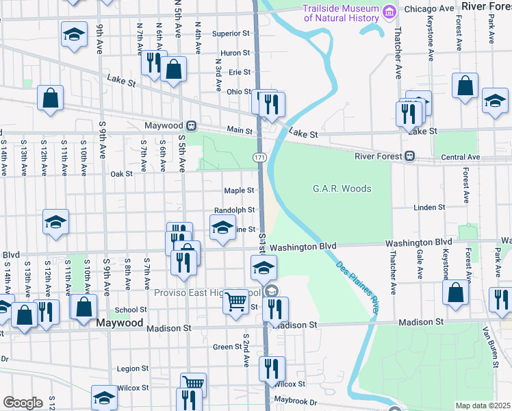 map of restaurants, bars, coffee shops, grocery stores, and more near 318 South 1st Avenue in Maywood