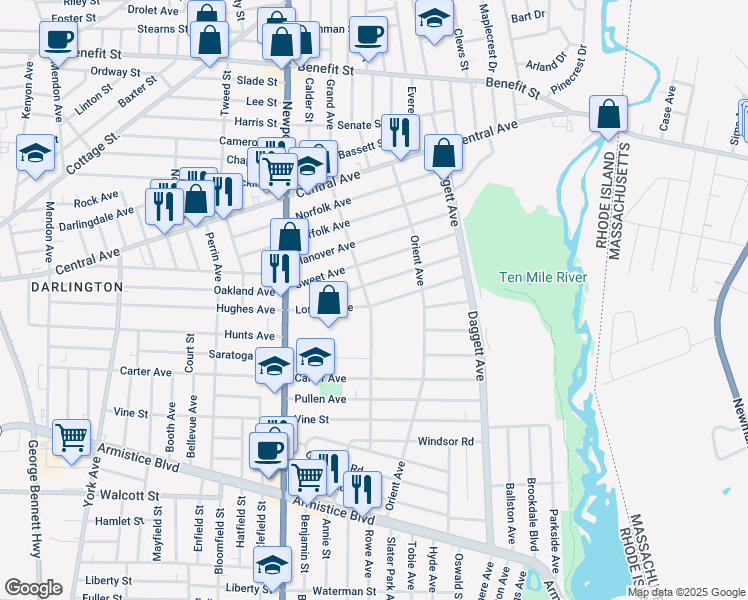 map of restaurants, bars, coffee shops, grocery stores, and more near 119 London Avenue in Pawtucket