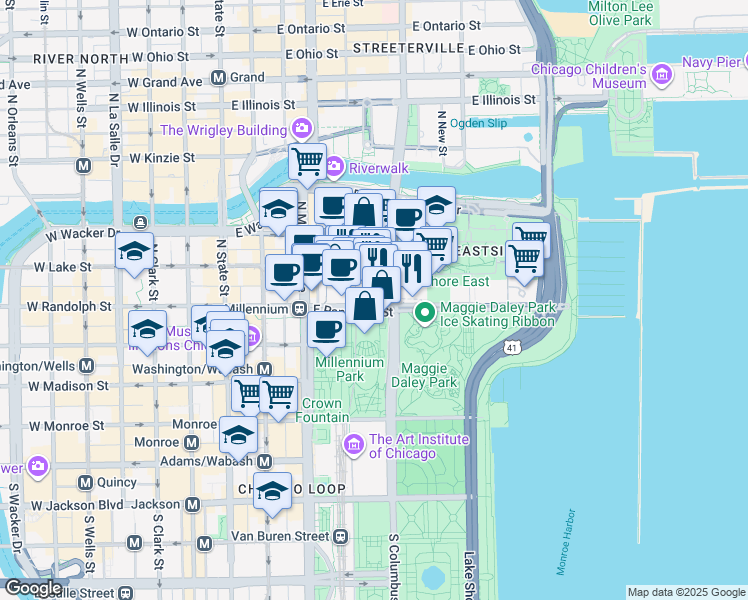 map of restaurants, bars, coffee shops, grocery stores, and more near 200 East Randolph Street in Chicago