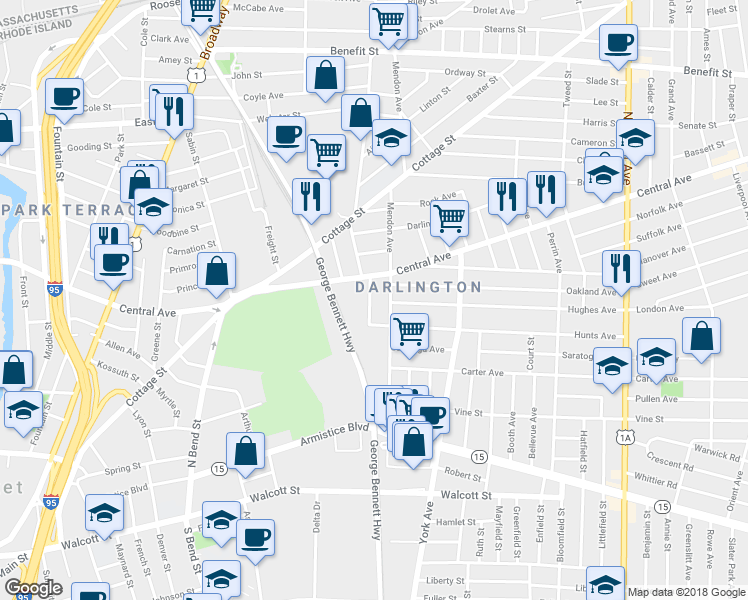 map of restaurants, bars, coffee shops, grocery stores, and more near 33 Winthrop Avenue in Pawtucket