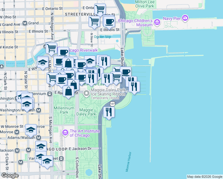 map of restaurants, bars, coffee shops, grocery stores, and more near E Randolph St & N Harbor Dr in Chicago