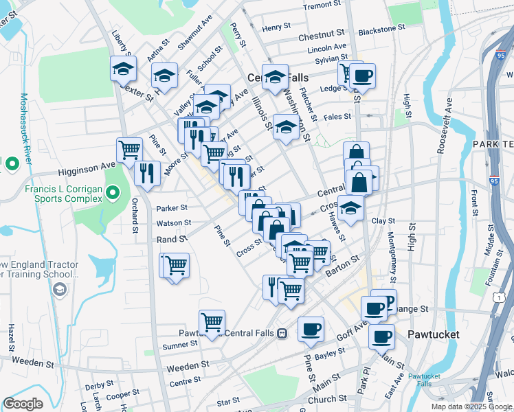 map of restaurants, bars, coffee shops, grocery stores, and more near 379 Central Street in Central Falls
