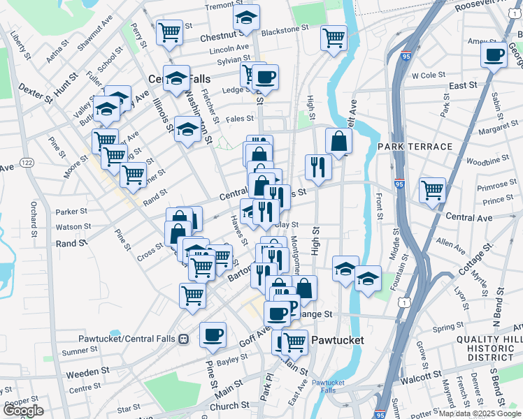 map of restaurants, bars, coffee shops, grocery stores, and more near in Central Falls