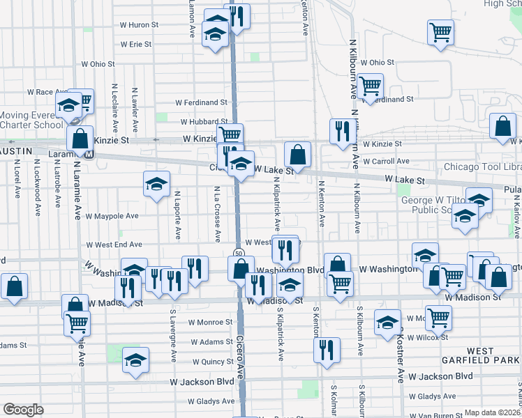 map of restaurants, bars, coffee shops, grocery stores, and more near 4722 West Maypole Avenue in Chicago