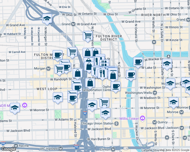 map of restaurants, bars, coffee shops, grocery stores, and more near 167 North Des Plaines Street in Chicago