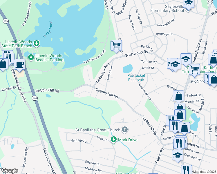 map of restaurants, bars, coffee shops, grocery stores, and more near 11 Olney Avenue in Lincoln