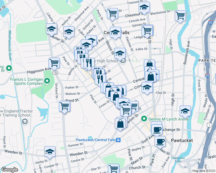 map of restaurants, bars, coffee shops, grocery stores, and more near 379 Central Street in Central Falls