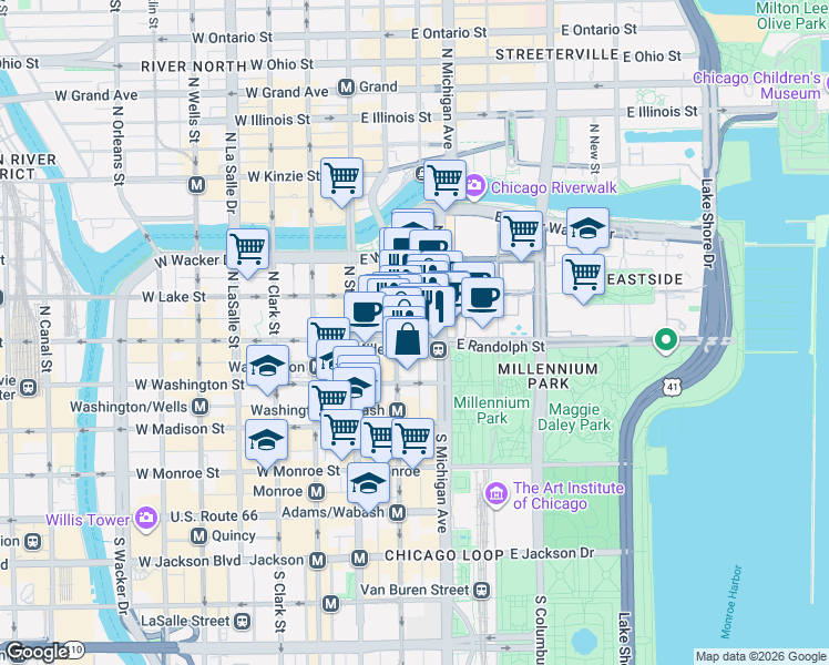 map of restaurants, bars, coffee shops, grocery stores, and more near 60 East Randolph Street in Chicago