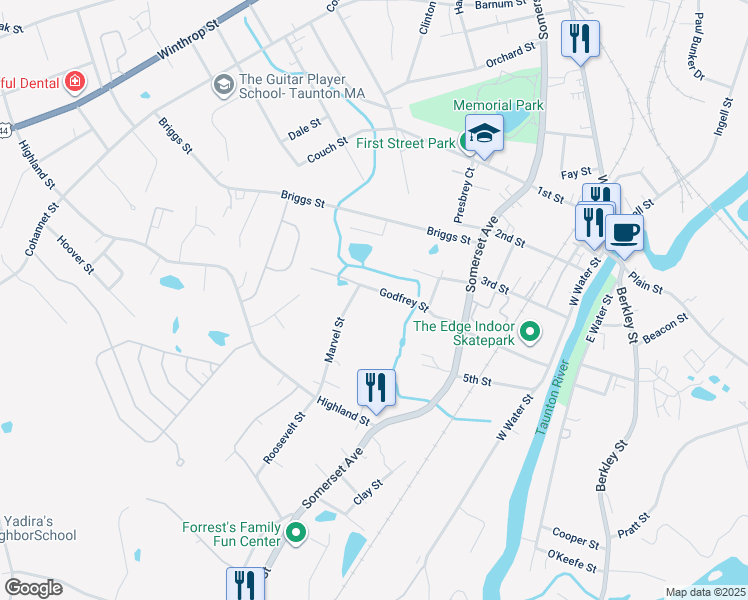 map of restaurants, bars, coffee shops, grocery stores, and more near 35 Marvel Street in Taunton