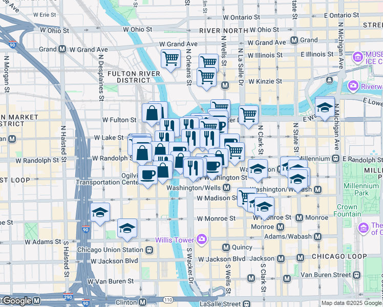 map of restaurants, bars, coffee shops, grocery stores, and more near 120 Lower Wacker Drive in Chicago