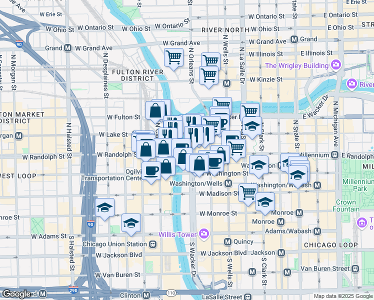 map of restaurants, bars, coffee shops, grocery stores, and more near 120 Lower Wacker Drive in Chicago