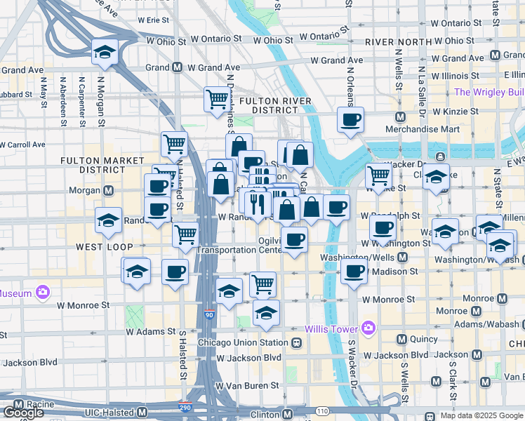 map of restaurants, bars, coffee shops, grocery stores, and more near 553 West Randolph Street in Chicago