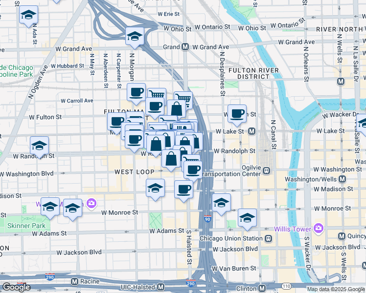 map of restaurants, bars, coffee shops, grocery stores, and more near 738 West Couch Place in Chicago