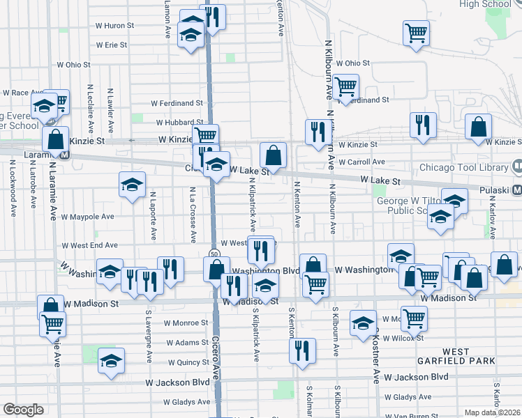 map of restaurants, bars, coffee shops, grocery stores, and more near 4658 West Maypole Avenue in Chicago