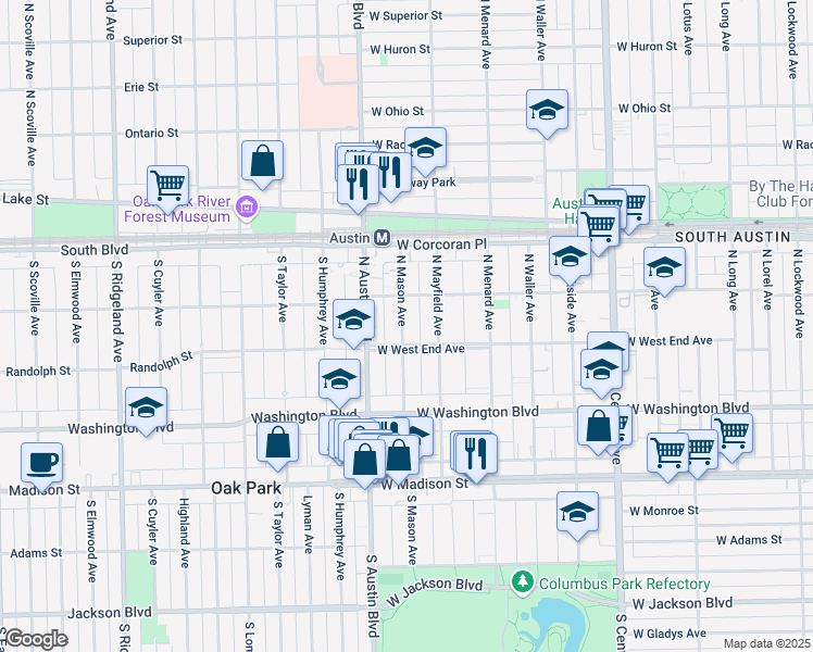 map of restaurants, bars, coffee shops, grocery stores, and more near 208 North Mayfield Avenue in Chicago