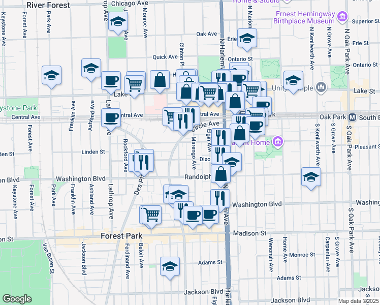 map of restaurants, bars, coffee shops, grocery stores, and more near 122 Belvidere Avenue in Forest Park