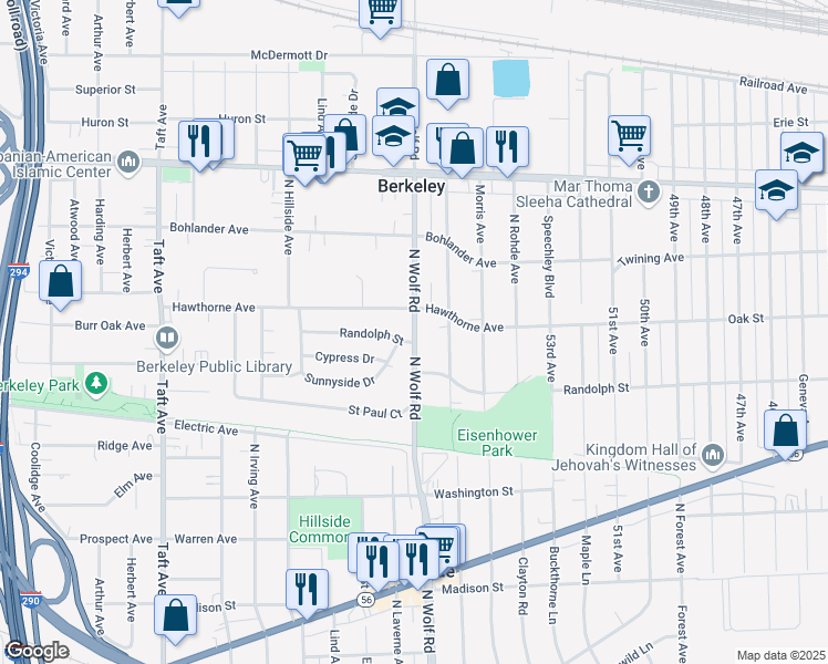 map of restaurants, bars, coffee shops, grocery stores, and more near 751 North Wolf Road in Hillside
