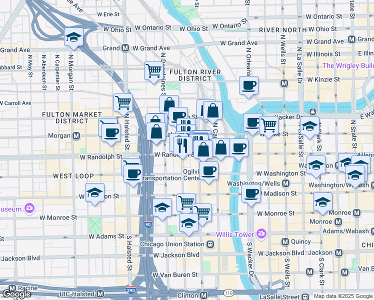 map of restaurants, bars, coffee shops, grocery stores, and more near 564 West Randolph Street in Chicago