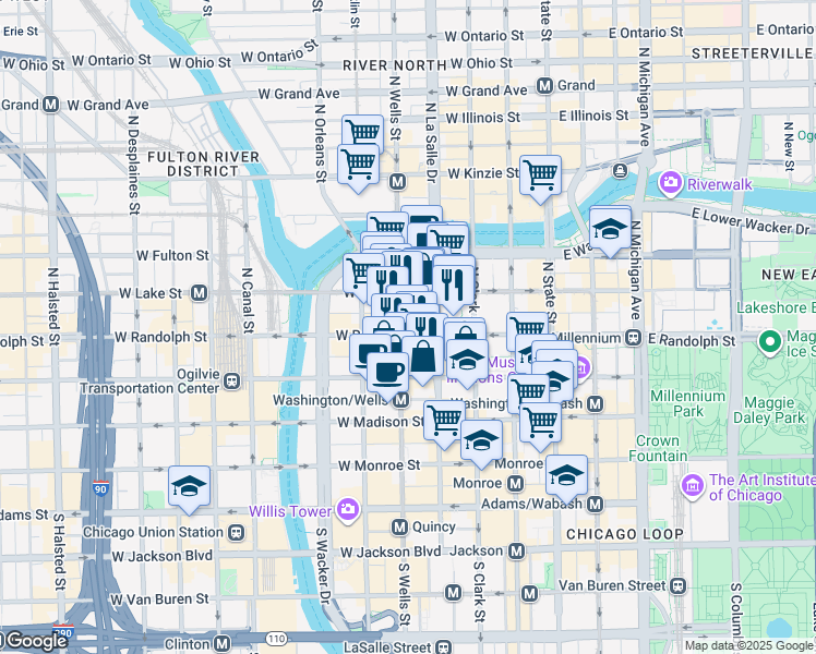 map of restaurants, bars, coffee shops, grocery stores, and more near 188 West Randolph Street in Chicago