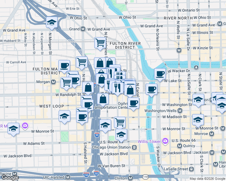 map of restaurants, bars, coffee shops, grocery stores, and more near 167 North Des Plaines Street in Chicago