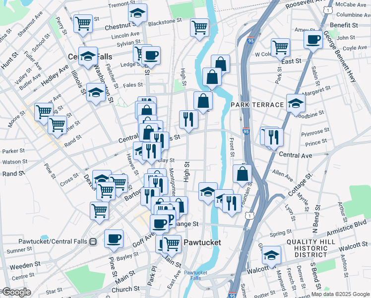 map of restaurants, bars, coffee shops, grocery stores, and more near 374 High Street in Central Falls