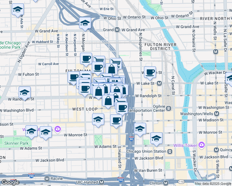 map of restaurants, bars, coffee shops, grocery stores, and more near 738 West Couch Place in Chicago