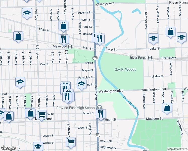 map of restaurants, bars, coffee shops, grocery stores, and more near 318 South 1st Avenue in Maywood