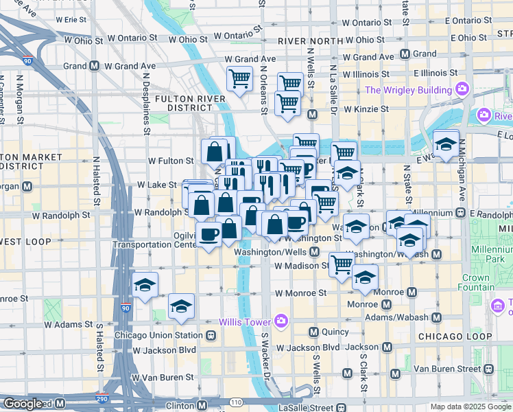 map of restaurants, bars, coffee shops, grocery stores, and more near 150 N Wacker Dr in Chicago
