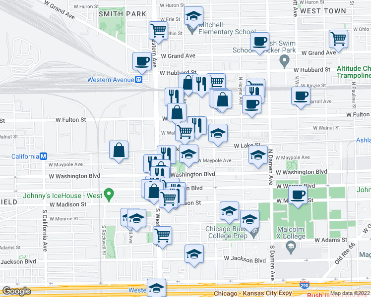map of restaurants, bars, coffee shops, grocery stores, and more near 2300 West Lake Street in Chicago