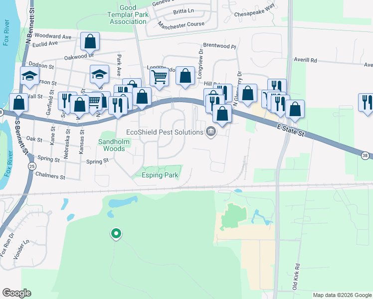map of restaurants, bars, coffee shops, grocery stores, and more near 111 Ridge Lane in Geneva