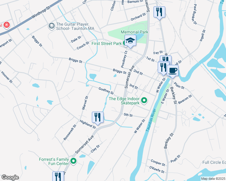 map of restaurants, bars, coffee shops, grocery stores, and more near 16 Billings Street in Taunton