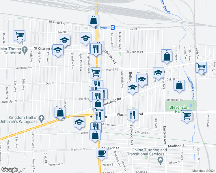 map of restaurants, bars, coffee shops, grocery stores, and more near 415 Frederick Avenue in Bellwood