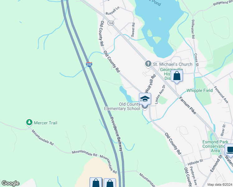map of restaurants, bars, coffee shops, grocery stores, and more near 62 Wolf Hill Road in Smithfield