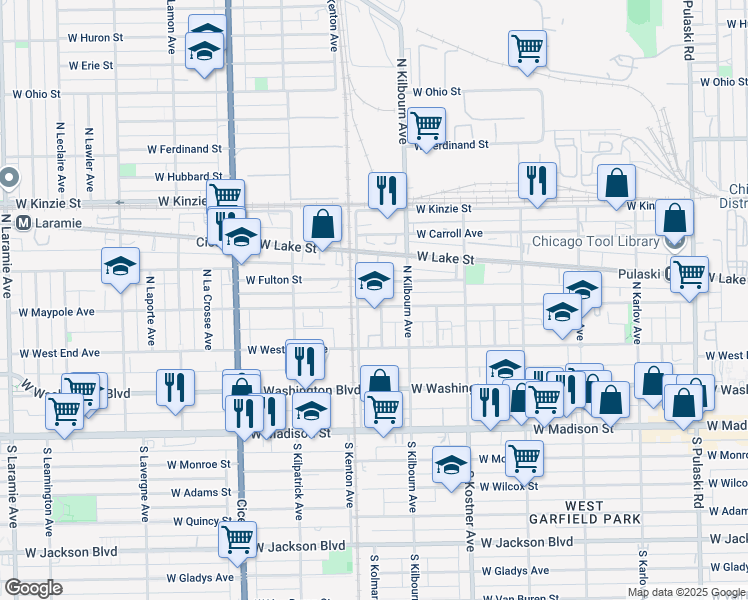 map of restaurants, bars, coffee shops, grocery stores, and more near 4536 West Maypole Avenue in Chicago