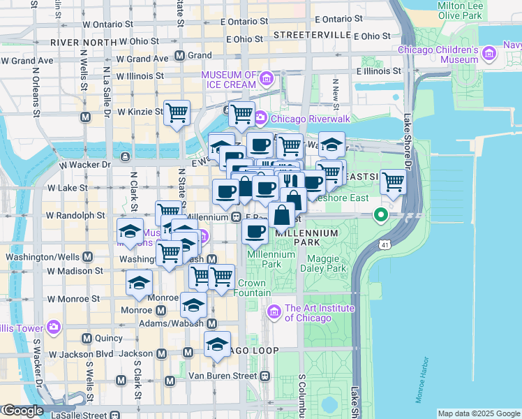 map of restaurants, bars, coffee shops, grocery stores, and more near 130 East Randolph Street in Chicago