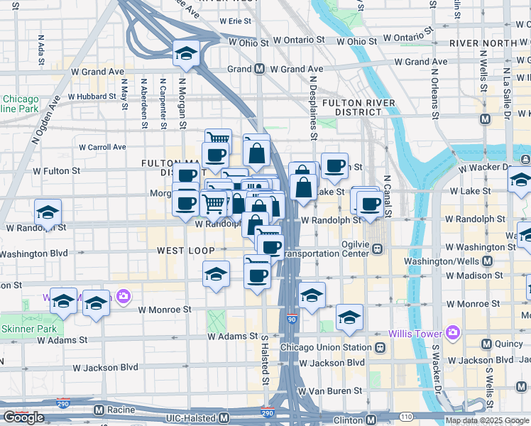 map of restaurants, bars, coffee shops, grocery stores, and more near 708 West Randolph Street in Chicago