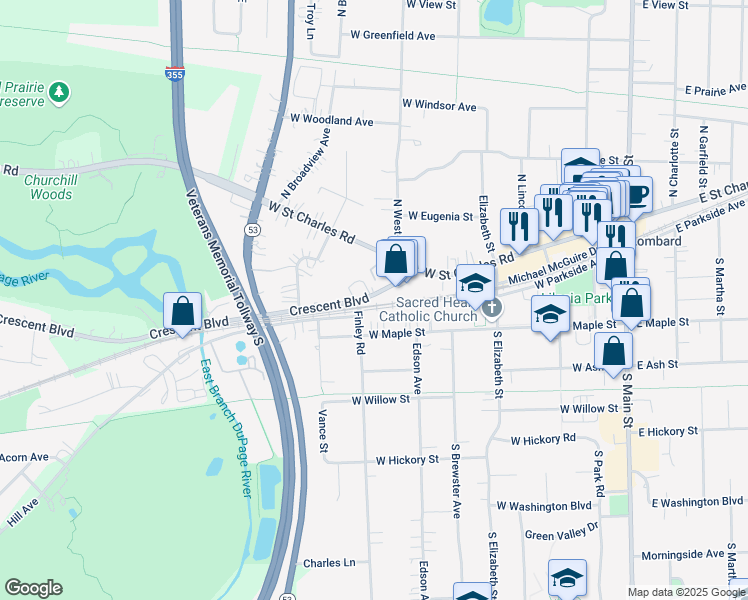 map of restaurants, bars, coffee shops, grocery stores, and more near 433 Crescent Boulevard in Lombard