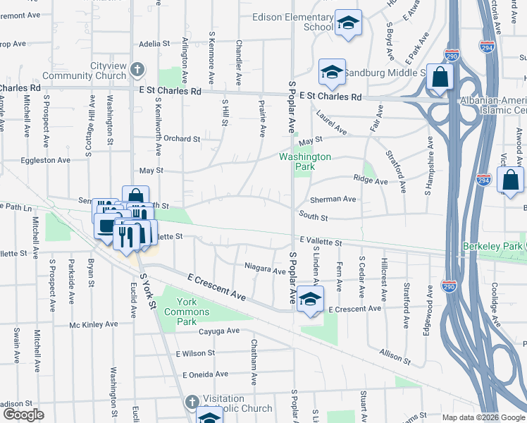 map of restaurants, bars, coffee shops, grocery stores, and more near 274 South Street in Elmhurst