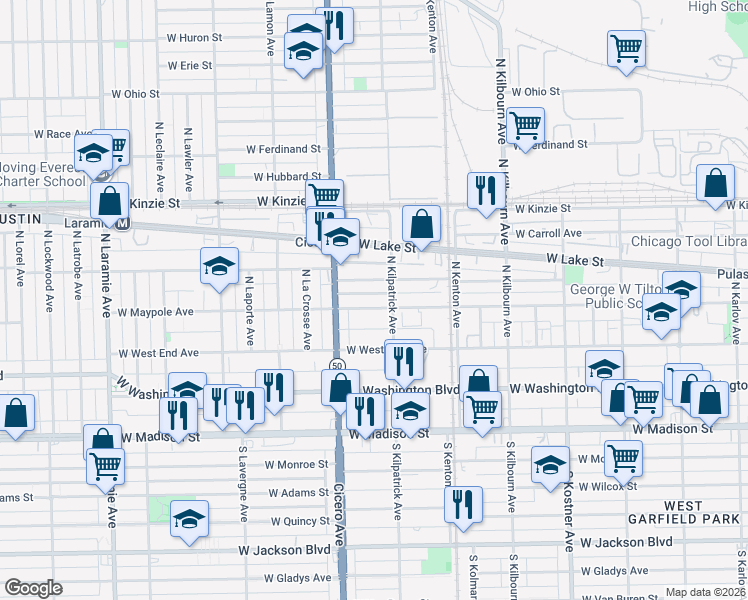 map of restaurants, bars, coffee shops, grocery stores, and more near 4722 West Maypole Avenue in Chicago