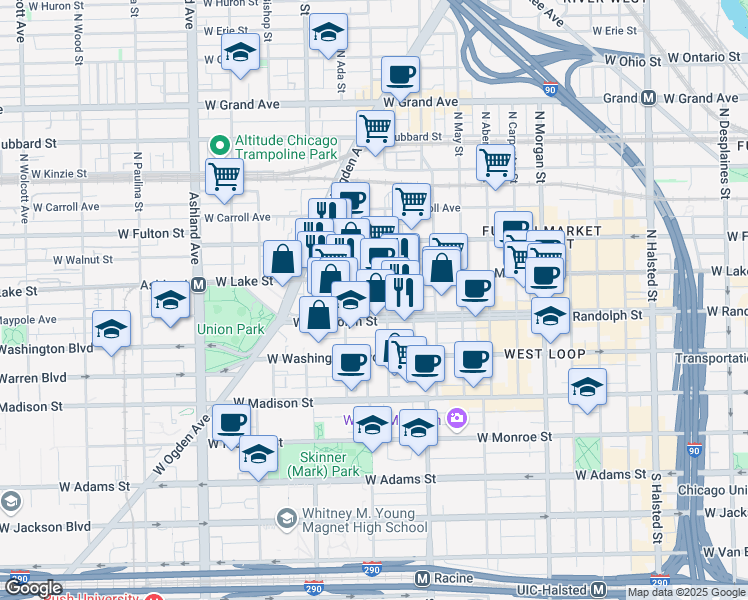 map of restaurants, bars, coffee shops, grocery stores, and more near 1334 West Randolph Street in Chicago
