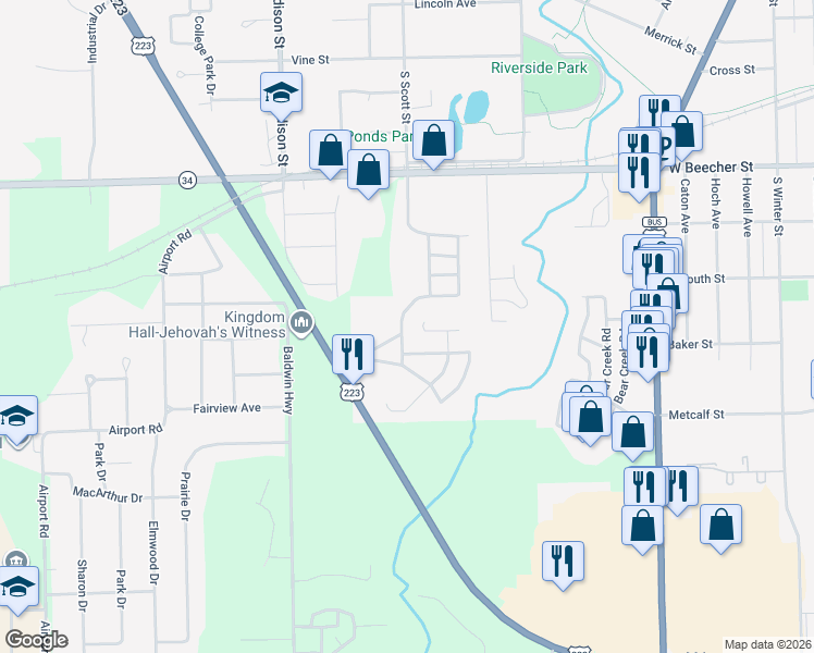 map of restaurants, bars, coffee shops, grocery stores, and more near 608 Hidden River Drive in Adrian
