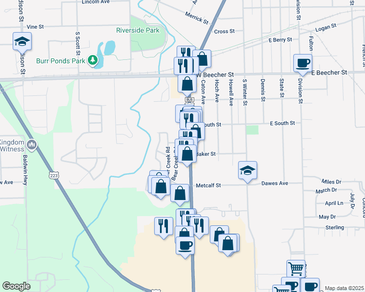 map of restaurants, bars, coffee shops, grocery stores, and more near 1000 South Main Street in Adrian