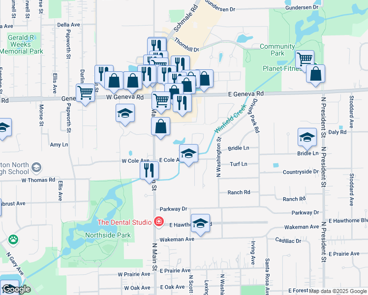 map of restaurants, bars, coffee shops, grocery stores, and more near 1911 Kingsbrook Court in Wheaton
